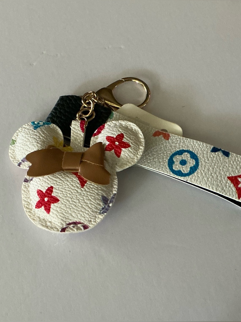 White Multicolor Mickey Ear Keychain with Tan Bow